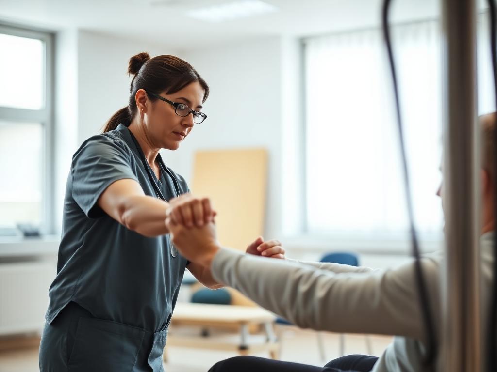 Physiotherapist guiding a patient through a rehabilitation exercise in a clinic gym